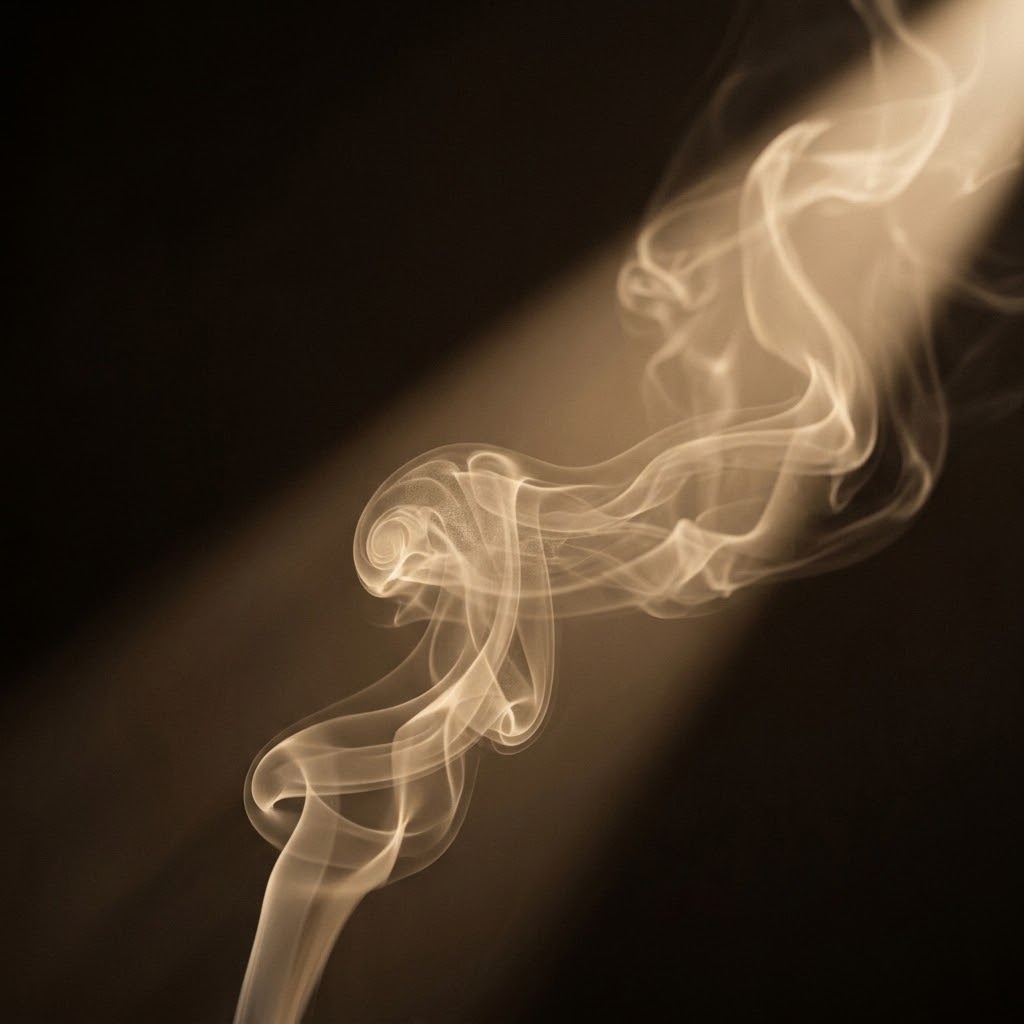 Pale gold vapor curling through a shaft of light
