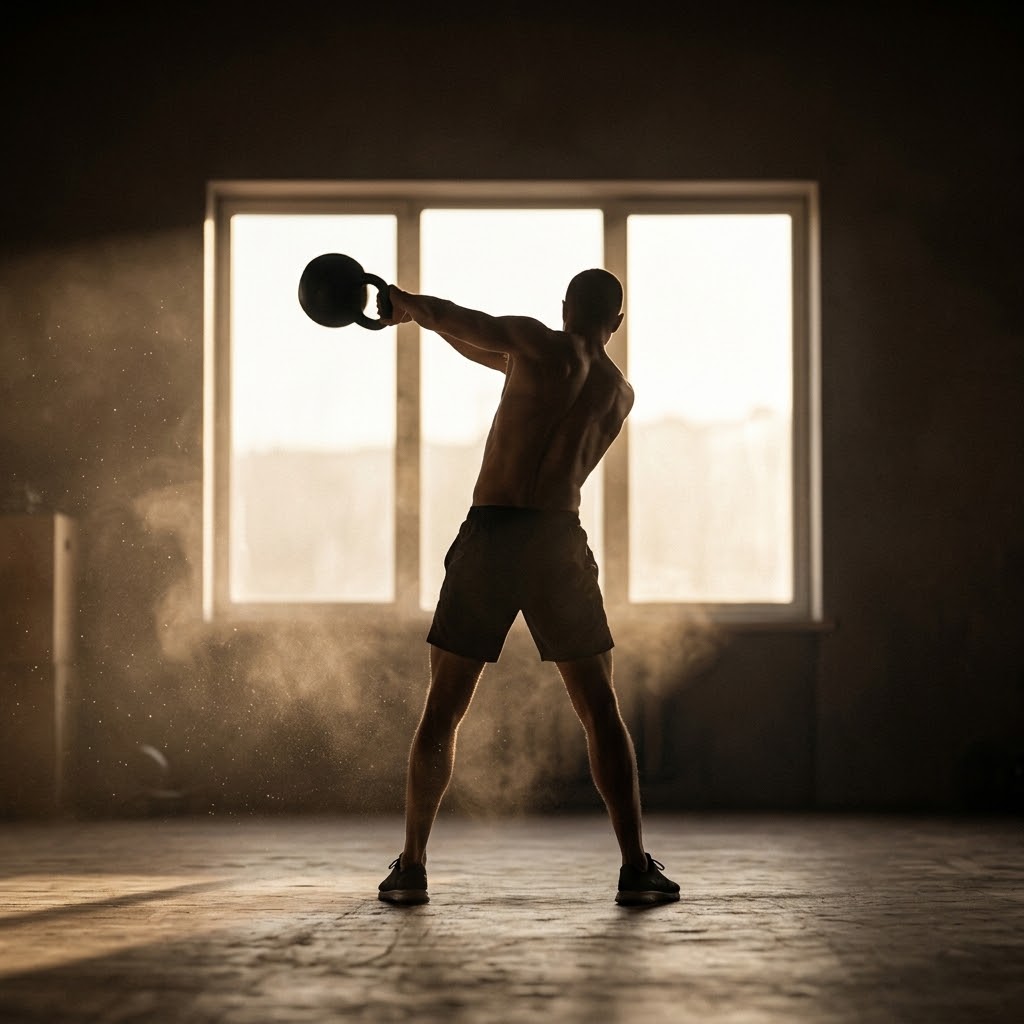 Athlete performing a kettlebell swing in a shaft of morning light
