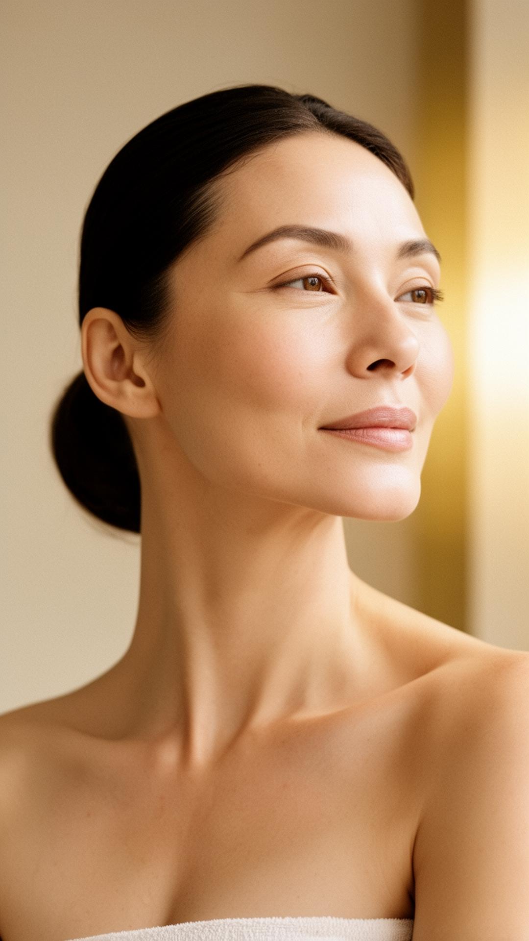 A woman with radiant, timeless skin in warm light