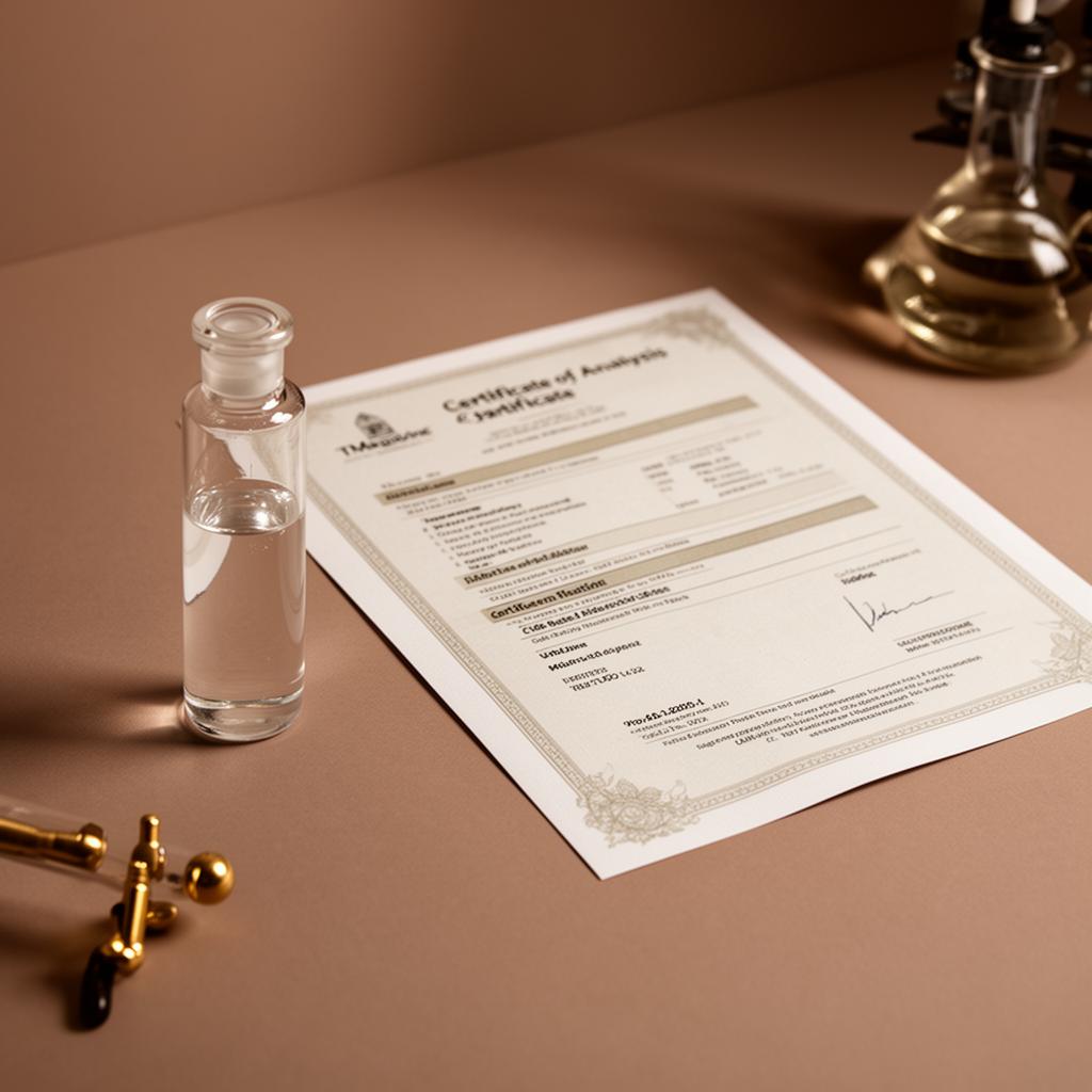 A laboratory vial beside a certificate of analysis on a taupe surface