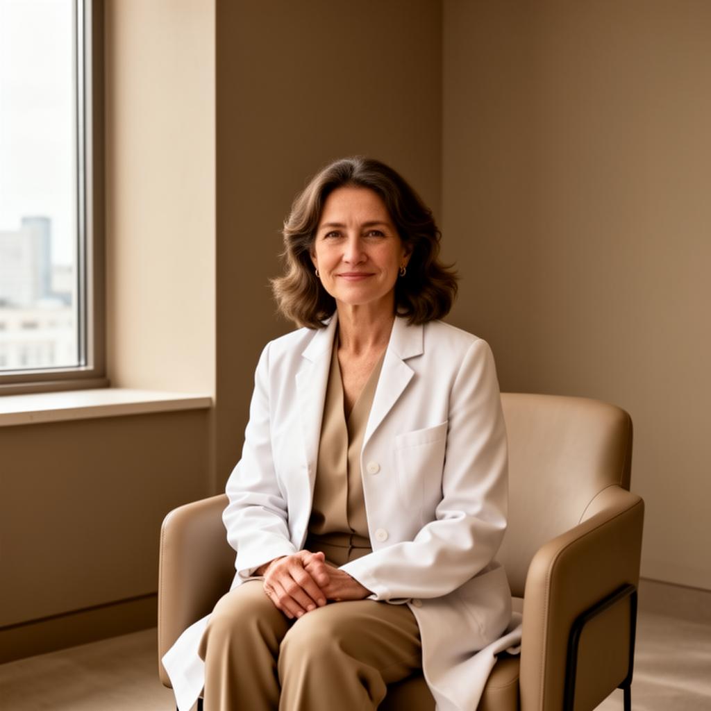A warm, licensed physician in a calm premium consulting room