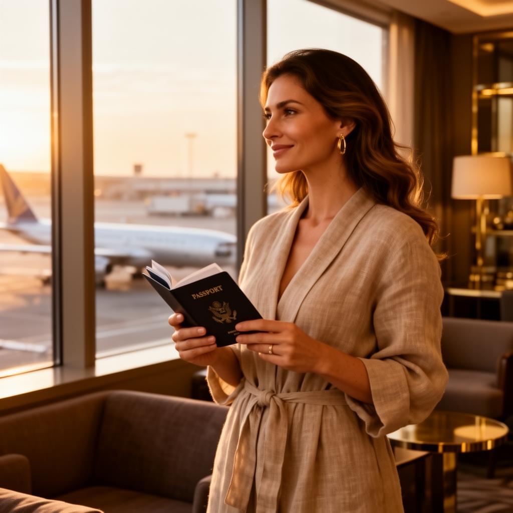 An elegant woman holding a passport in a sunlit airport lounge