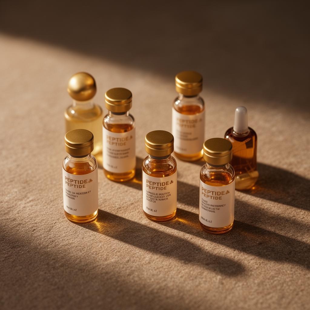 Amber and gold peptide vials on a warm taupe surface